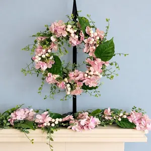 Pink Floral Hydrangea Set, 14" Pink Hydrangea Candle Wreath and 6' Garland. Spring Floral Decor