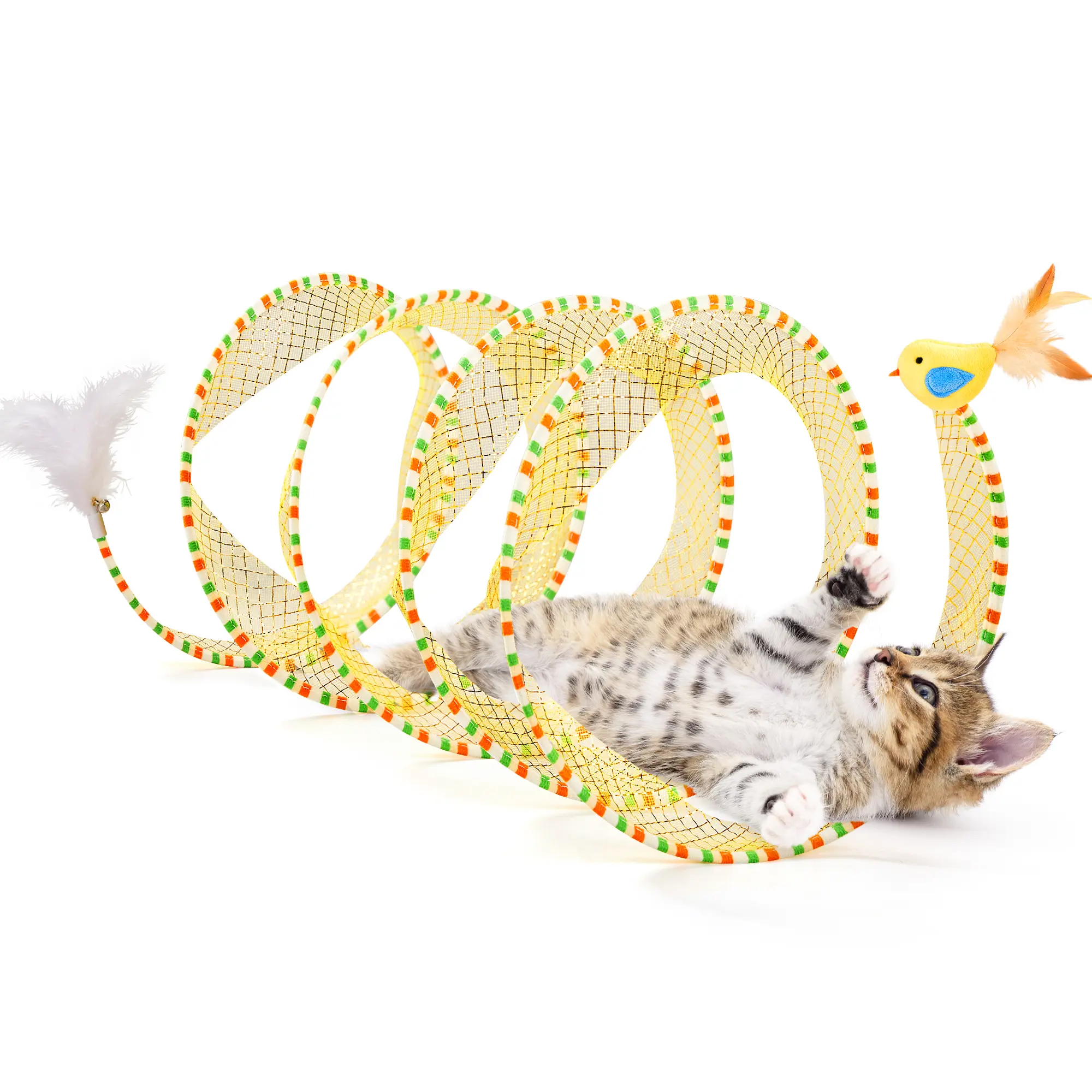 Potaroma Spiral Cat Tunnel Toy, Collapsible Spring Play Tunnel with Feather & Bell for Indoor Kittens & Cats, 20 Inches Unfolded