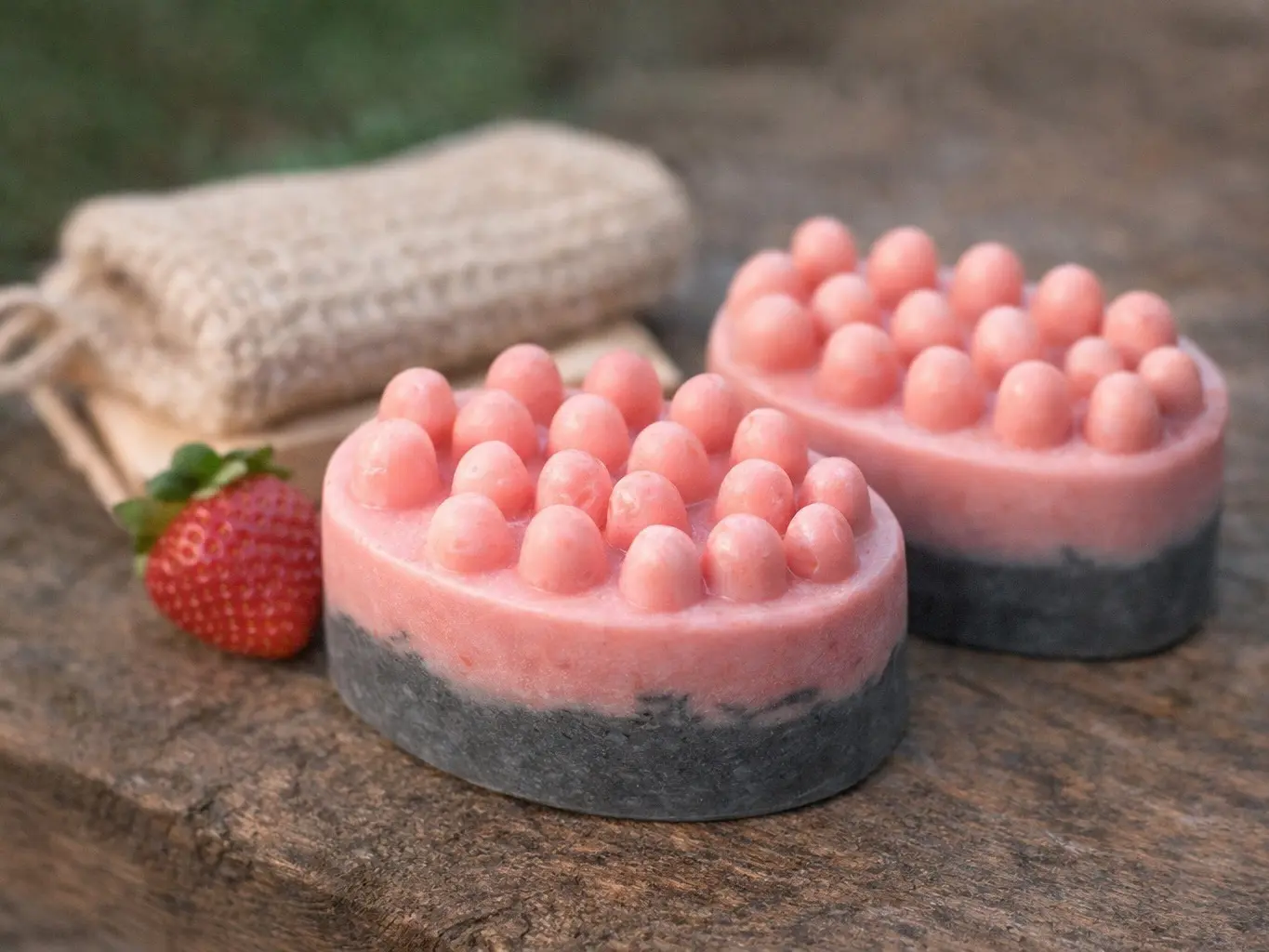 Handmade Strawberry Charcoal Goat Milk Massage Soap Set, Artisanal Bar Soaps with Scrub Bag & Wooden Rack, Body Exfoliating Spa Bath Gift Bundle for Self Care Baskets, Artisanal Soaps