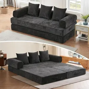 Sofa Bed, Modular Convertible Folding 3 Seater Chenille Foam Floor Loveseat Sleeper Sofa Couch with 3 Pillows, No Assembly Compressed Boneless Couch, for Living Room Bedroom Guest Room, Black
