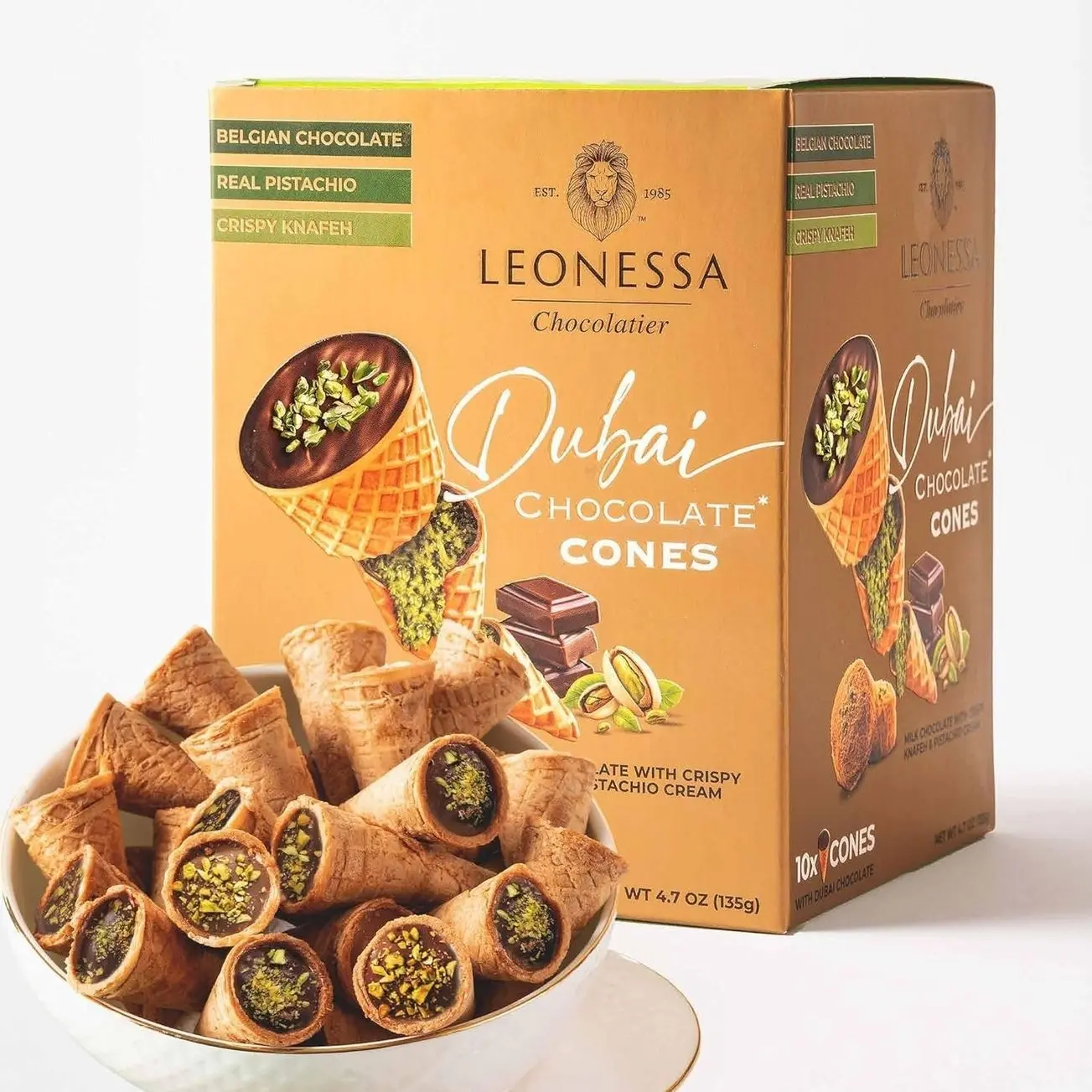 Leonessa Dubai Chocolate Cones with Pistachio Kunafa | Made with Premium Belgian Chocolates | Kunafa Chocolate | Chocolates de Dubai - 4.7 oz