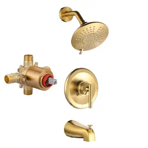 WOWOW Gold Shower Tub Faucet Set: Single Handle Bathroom Shower Trim Kit with Rain Shower Head and Tub Spout, Brushed Gold Combo Wall Mount