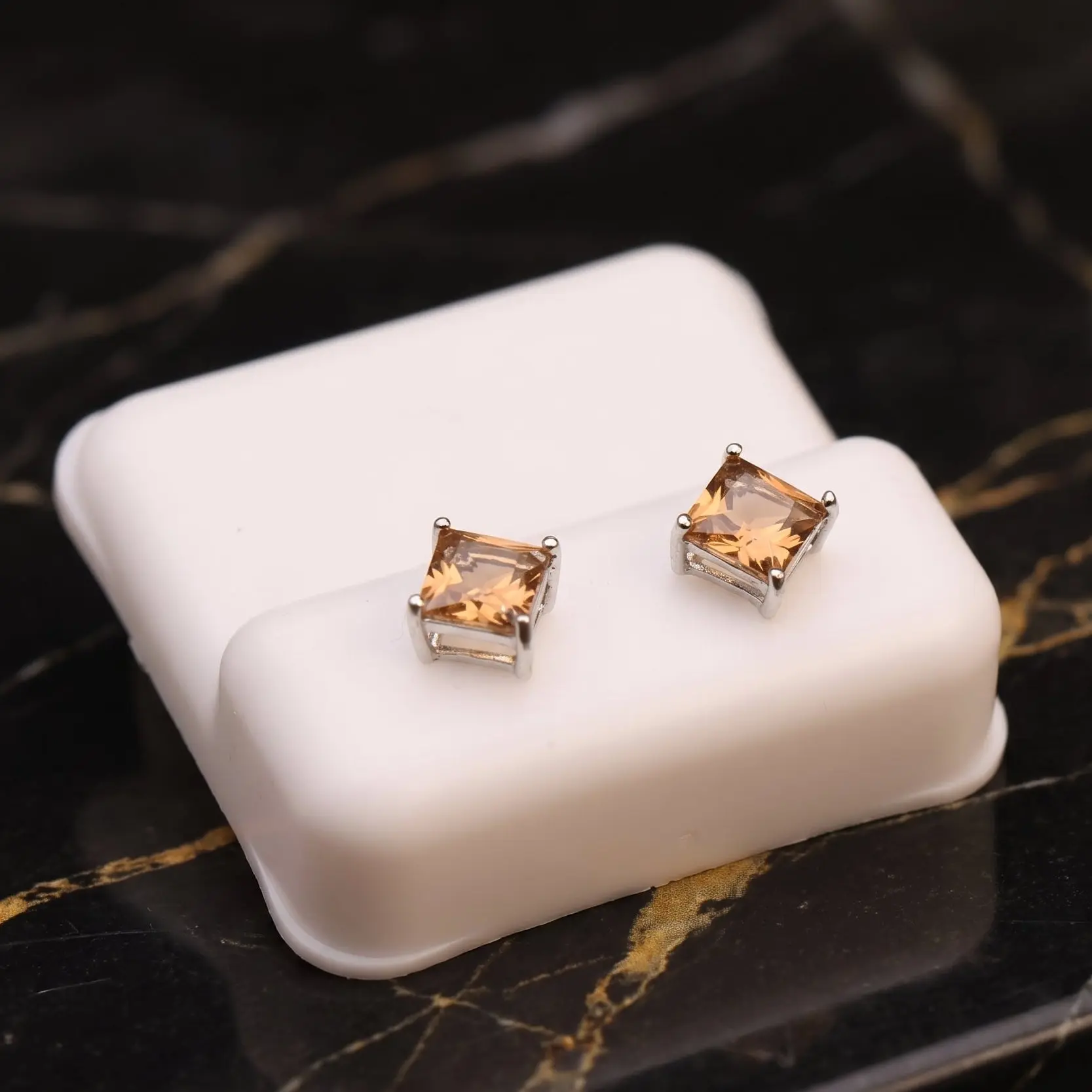 Morganite Cz Earrings Square Princess Cut 925 Sterling Silver