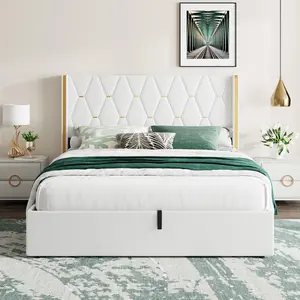 Queen Size Lift Up Storage Bed, Gold Wingback Headboard, Velvet Upholstered, Diamond Tufted, Gold Trim Accent, Hydraulic Support, No Box Spring Needed, White