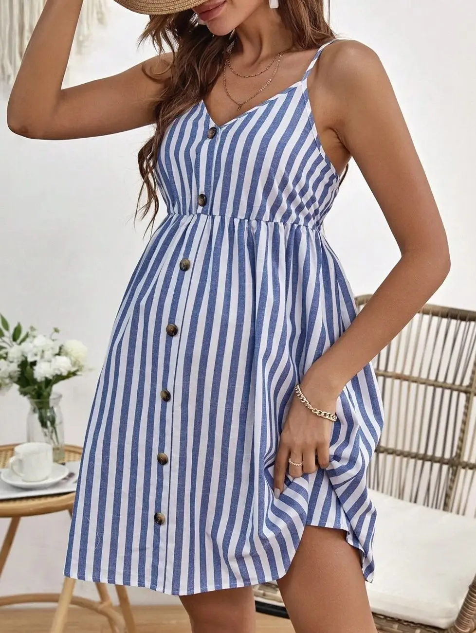 Maternity Striped Cami Dress, Button Front Spaghetti Strap Pregnancy Sundress for Summer
