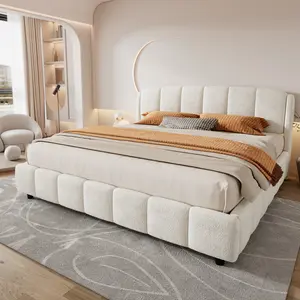 Platform Bed with Soft Boucle Fabric & Curve-Shaped Headboard, Upholstered Modern Bed Frame with Curved Design, Plush Boucle Bed for Bedroom