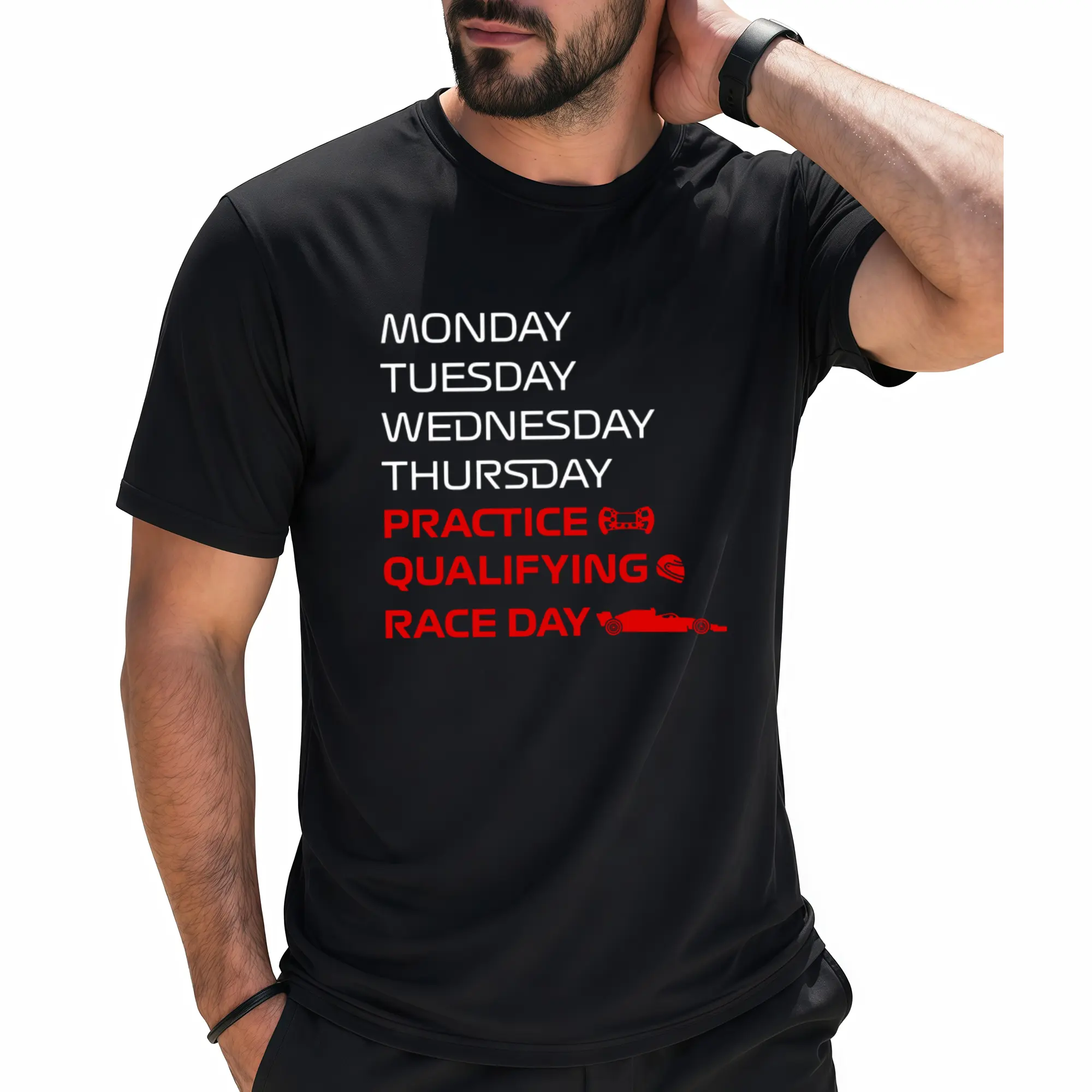 T-shirts for men and women—practice, qualifying, race day designs; casual men’s clothing; racing fan gift