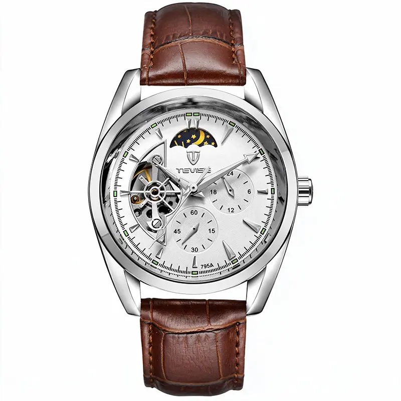 TEVISE Men's Automatic Mechanical Watch - Skeleton, Moon-Phase, Multifunction Chronograph with 2-Tone Gold-Silver Stainless Steel Band for Business Use