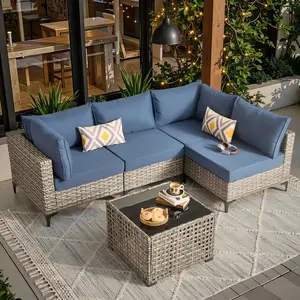 【Summer Vibes】OVIOS 5-Piece Outdoor Patio Furniture Set, Wicker Sectional Sofa with Cushions, All-Weather Conversation Set for Backyard Patio Porch Deck Garden Balcony Outdoor Seating Furniture Set Lounge