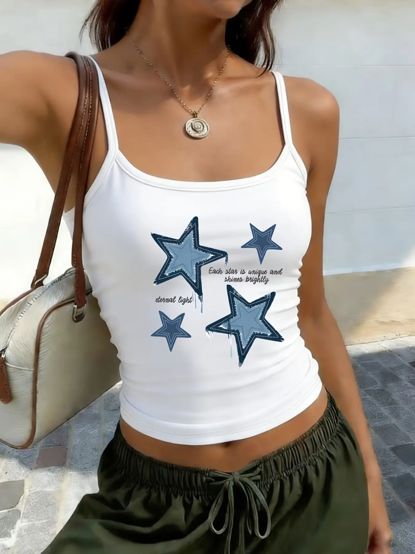 Y2K Blue Star Letter Print Cami Top, Summer Thin Strap Slim Fit Short Crop Top, Sexy Street Style Inner Layer Outerwear, Womenswear