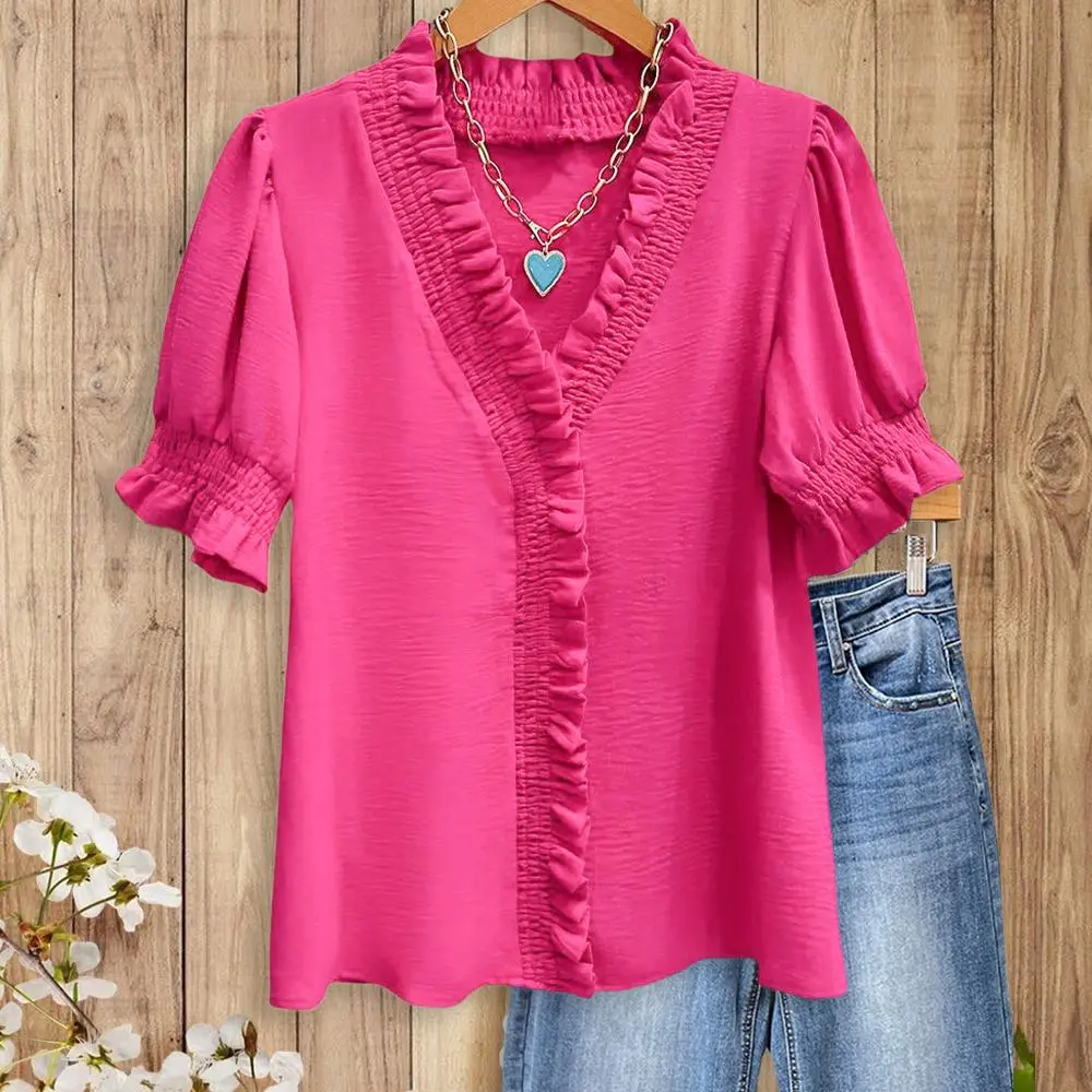 SageVell Ruffle Trim V - Neck Bright Pink/ Blue/ Green Blouse, Smocked Cuffs & Front, Soft Textured Fabric, Chic Casual Style, Cute Basic Tops for Women Cotton Shirts Office Outfits Women Womenswear Shortsleeve Medium Fitted