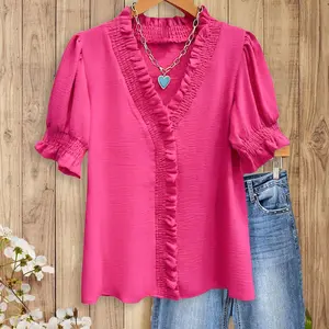 SageVell Ruffle Trim V - Neck Bright Pink Blouse, Smocked Cuffs & Front, Soft Textured Fabric, Chic Casual Style, Cute Basic Tops for Women Cotton Shirts Office Outfits Women Womenswear Shortsleeve Medium Fitted