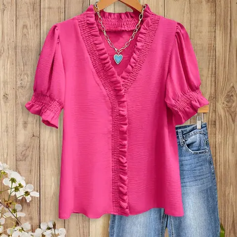 Women's Sage Ruffle Trim V-Neck Blouse - Women's Tops, Bright Pink/Blue/Green, Smocked Cuffs & Front, Soft Textured Woven Fabric, Medium Fit Short-Sleeve, Chic Casual Work & Cafe Hopping Tops