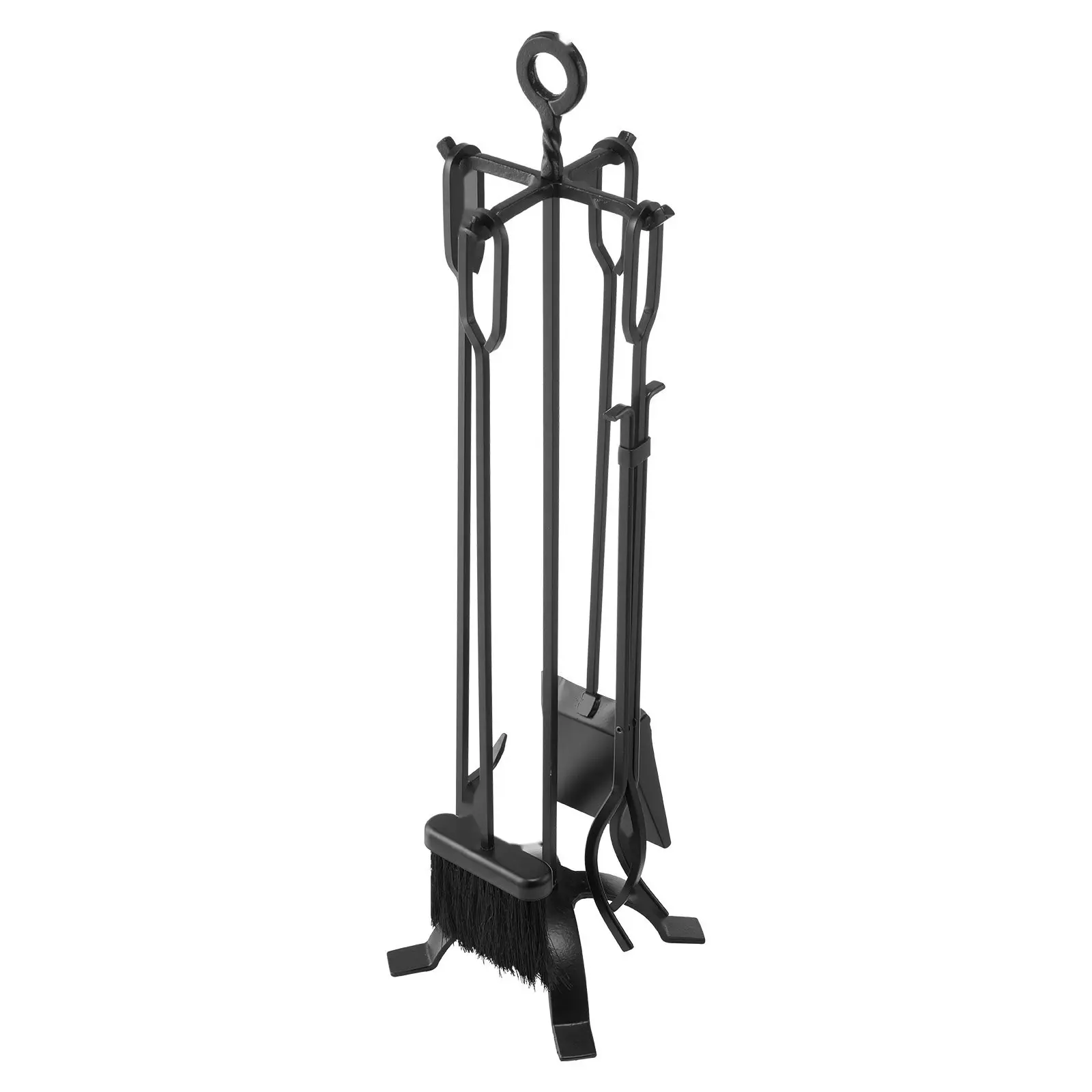 Fireplace Tool Set - 5-Piece With Holder, Four-Prong Stand, Tongs, Ash Shovel, Brush, Fireplace Poker, Wrought Iron Accessories For Indoor Outdoor Campfire Use, Durable Cast Iron Finish, Easy Assembly, Black
