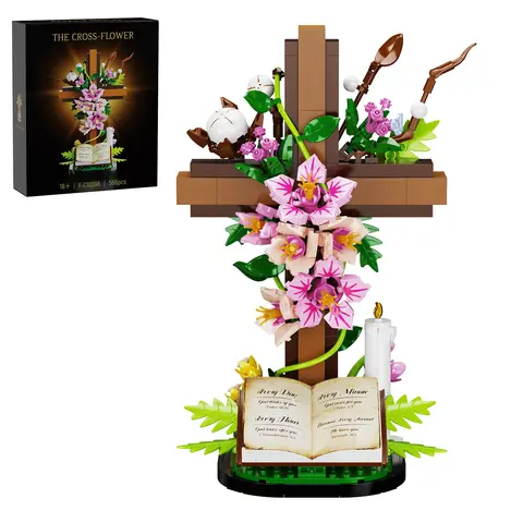 Jesus Cross Bouquet Building Set, Faith-Inspired Floral Block Kit Symbolizing Love, Hope & Resurrection, Memorial Display & Gift for Christian Believers