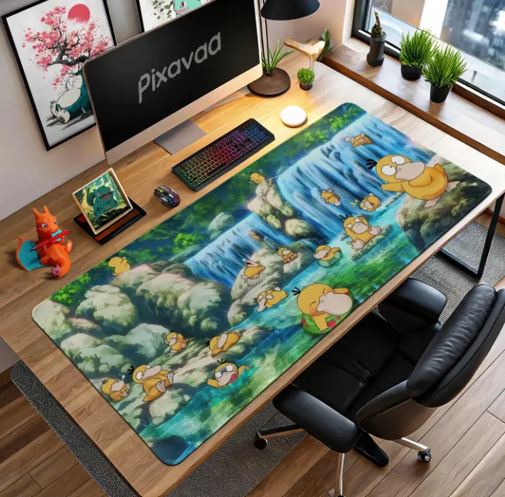 duck Waterfall Mouse Pad - Fun Nature Scene, Kanto Water Type Art, Anime Desk Mat, Relaxing Gaming Gift