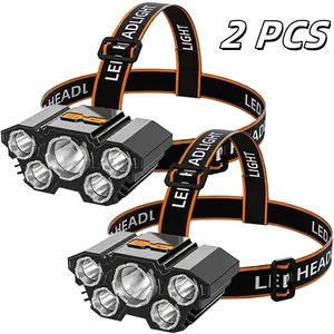 Two rechargeable waterproof headlamps outdoor,fishing headlamp with 5 LED bulbs,featuring three modes and waterproof function,suitable for outdoor camping,hiking, running,and vehicle maintenance tasks,Adjustable headlight High Lumen Led Strip men's gifts
