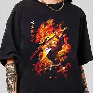 Demon Slayer Kyojuro Rengoku Katana T-Shirt - Graphic Anime Tee in 90s Slayer Style with All Seasons Crew Neck and Pure Cotton Material (Gildan) - Gift for Men and Women