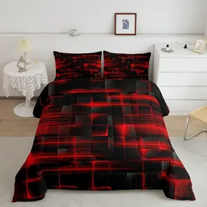 Feelyou Microfiber Bed Comforter Set - Red Black Luxury Geometric Strip Lines Designer Bedding, Soft Breathable Abstract Duvet Set with Decorative Pillows, Microfiber Bedding Set
