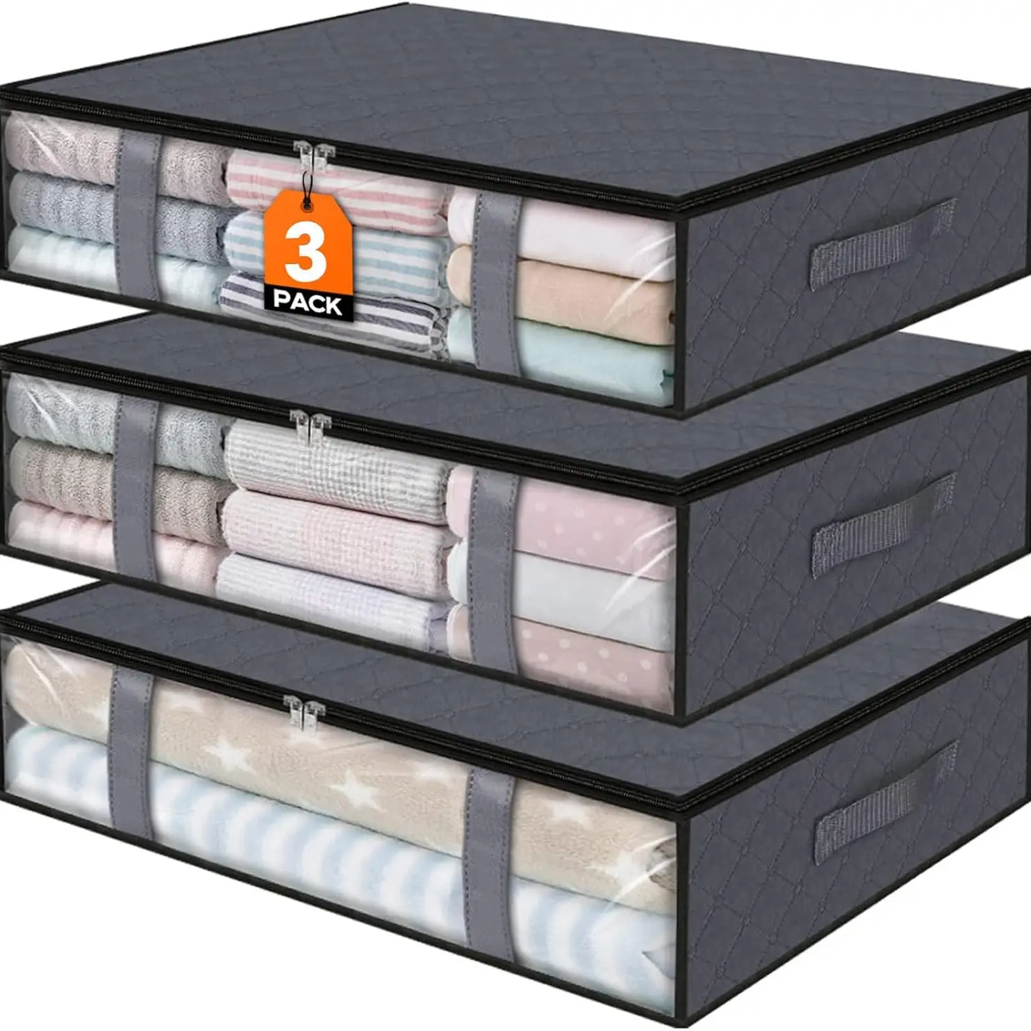 3 Pack Under Bed Storage Bins 60cm x 45cm x 15cm, 40L Large Clothes & Comforter Storage Containers with Clear Window, Fabric Drawer Organizer, Stackable, Collapsible, Breathable, Storage Organizers for Blankets, Bedding, Toys, Foldable Fabric Organizers