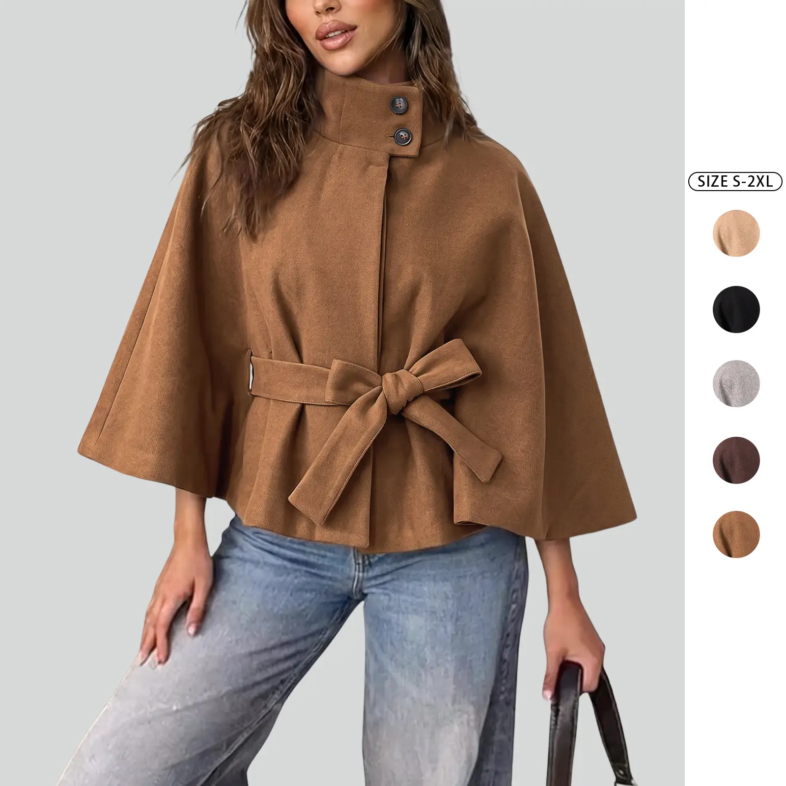 Imily Bela Women's High Neck  Cape Coat Cropped Belted Waist Tie Short Poncho Coat Casual Fall Outerwear S-2XL