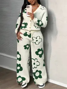 Plus Size Floral V Neck Set, Fall & Winter Jacquard Sweater and Knit Pants Two-Piece, Casual Loose-Fitting Style