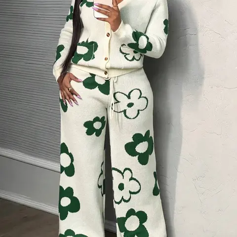 Plus Size Floral V Neck Knitted Cardigan Matching Set, Fall & Winter Jacquard Sweater and Knit Pants Two-Piece, Casual Loose-Fitting Style Womenswear Plant Clothes, Jacquard Knits Set, Sweater Matching Sets