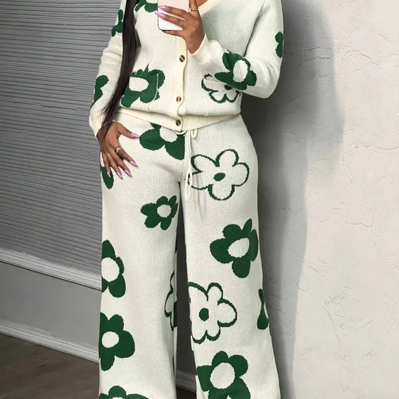 Plus Size Floral V Neck Knitted Cardigan Matching Set, Fall & Winter Jacquard Sweater and Knit Pants Two-Piece, Casual Loose-Fitting Style Womenswear Plant Clothes, Jacquard Knits Set, Sweater Matching Sets
