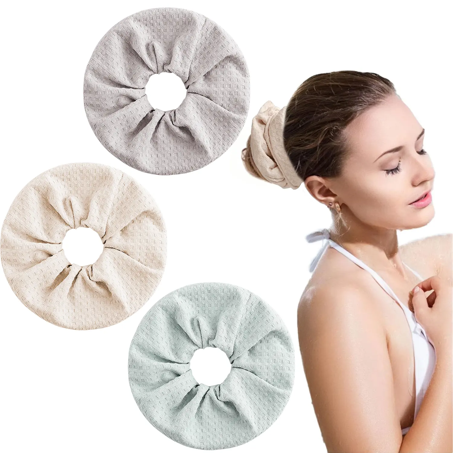 Oversized Waffle Microfiber Hair Drying Scrunchie, Lightweight Super Absorbent Hair Care Towel Scrunchie for Shower Bath Makeup Mask Spa, Gentle Oil-Infused Soft Fabric for All Hair Types
