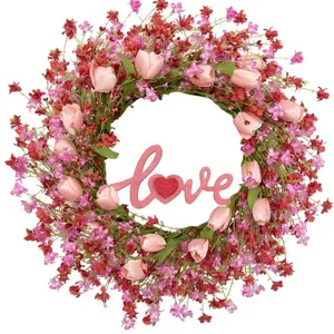 Valentines Day Wreath Decor, 22inch Artificial Pink Wreath with Tulip Berry Green Leaf Element, Valentines Wreaths for Front Door Wedding Anniversary Party Candlelight Dinner Decorations