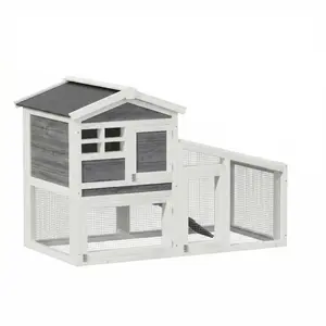 2-Story Wooden Small Animal Cage - Removable Leak-Proof Tray, Weatherproof Asphalt Roof, Anti-Chew Metal Frame Ramp, Wire Netting, Easy Clean Rabbit Hutch for Indoor Outdoor, Rufous White