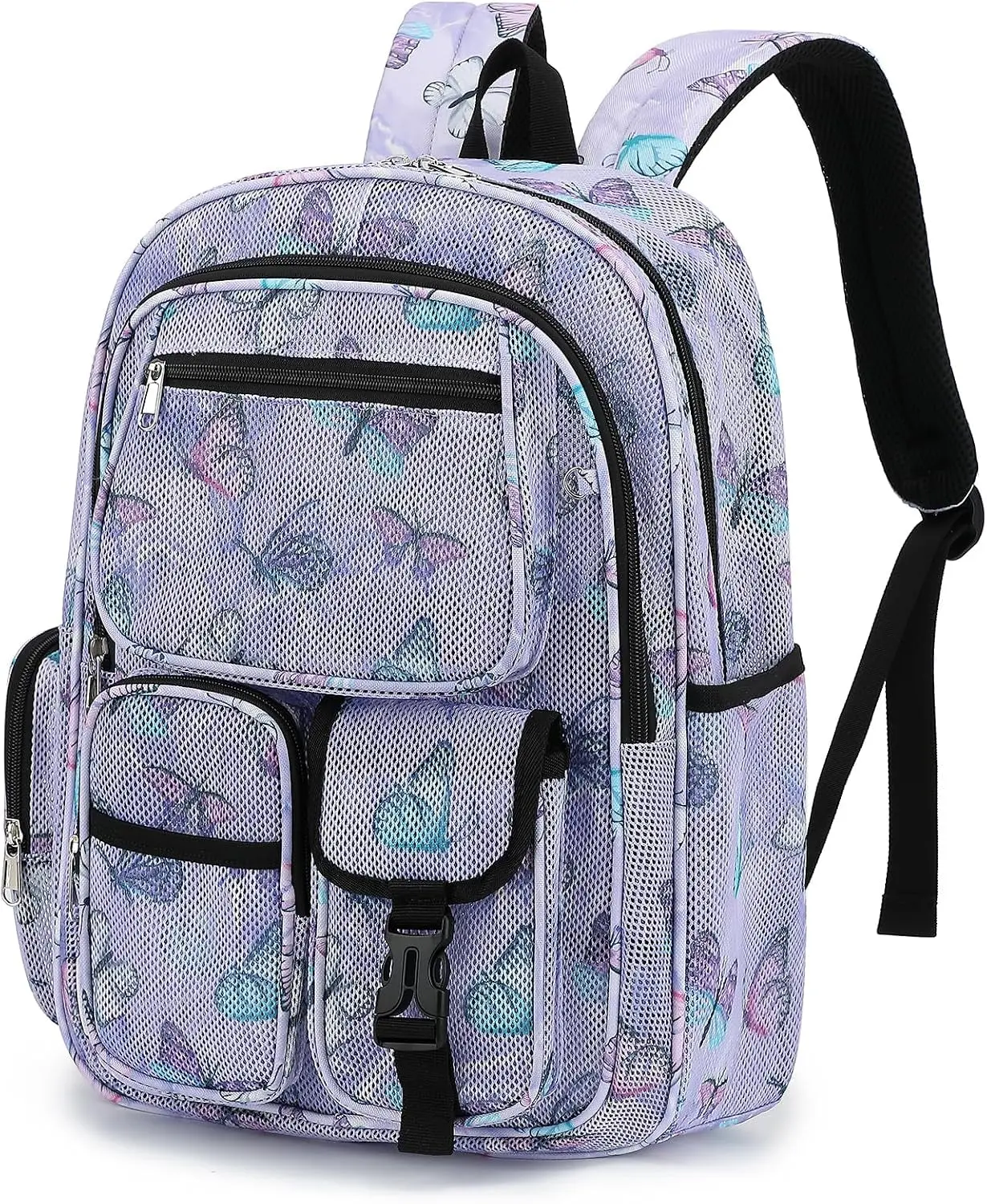 Heavy Duty Butterfly Purple Mesh Backpack – Breathable See-Through Bookbag for School & Beach