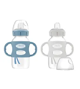 Dr. Brown’s Milestones Wide-Neck Transitional Sippy Bottle with Silicone Handles 9oz 270mL 6m+ Light Blue and Gray 2-Pack