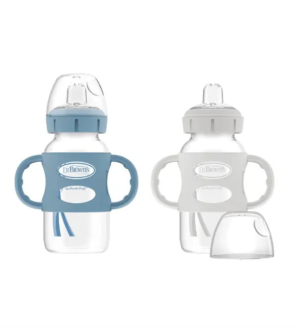 Dr. Brown’s Milestones Wide-Neck Transitional Sippy Bottle with Silicone Handles 9oz 270mL 6m+ Light Blue and Gray 2-Pack