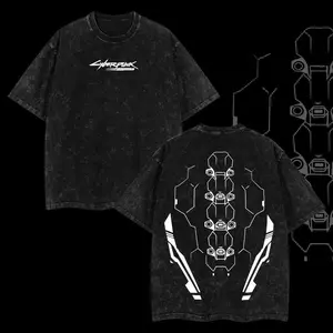 Cyberpunk 2077 Anime Game Double Printed Oversize Lightweight Acid Washed Graphic Tee Man Top Cotton Streetwear T-Shirt, Gift For Anime Game Lover