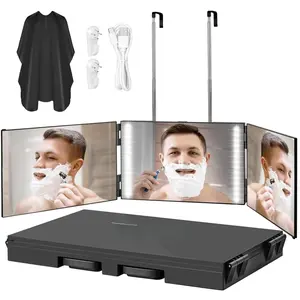 with LED Lights 3 Way Mirror for Self Hair Cutting,360 Haircuts Mirror Men for Barber Use Tools,to See Back of Head,Tri Fold with Portable Height Adjustable Telescoping Hooks