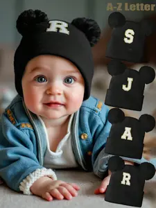 Pom Pom Knit Hat with Embroidered Letters, Fall & Winter Outdoor Wear, Customizable Baby Clothing Accessory, Bonnet with Bunny Ears