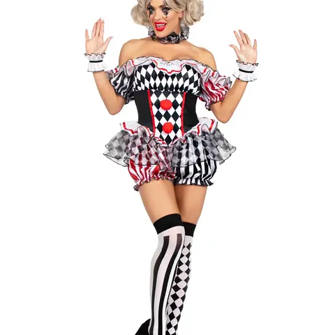 Leg Avenue Darling Harlequin Clown Halloween Costume - 4 Piece Flirty Sexy Cute Romper with Ruffle Trimmed Bloomer & Clown Hat for Summer Events