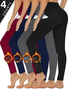 4pcs Women's High-Waisted Fleece-Lined Leggings with Pockets for Outdoor Exercise Butt Lift Tummy Control Yoga Pants in Navy Burgundy Gray & Black