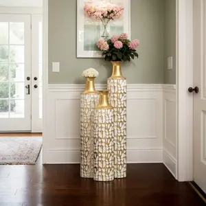 Floor Vase Tall Gold Vases - Extra Large Metal Flower Vase Set of 3, Antique Worn Vases Big Vases for Home Decor Living Room Decorative Vintage for Pampas Grass Feathers Twigs Branches Dried Flowers, 32", 28", 24"H, Table Ornaments