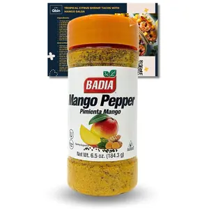 Badia Mango Pepper Seasoning - Exotic Fusion of Sweet Mango & Spicy Pepper, 6.5 oz - QBIN Recipe Card (1 Pack) Flavor Spice