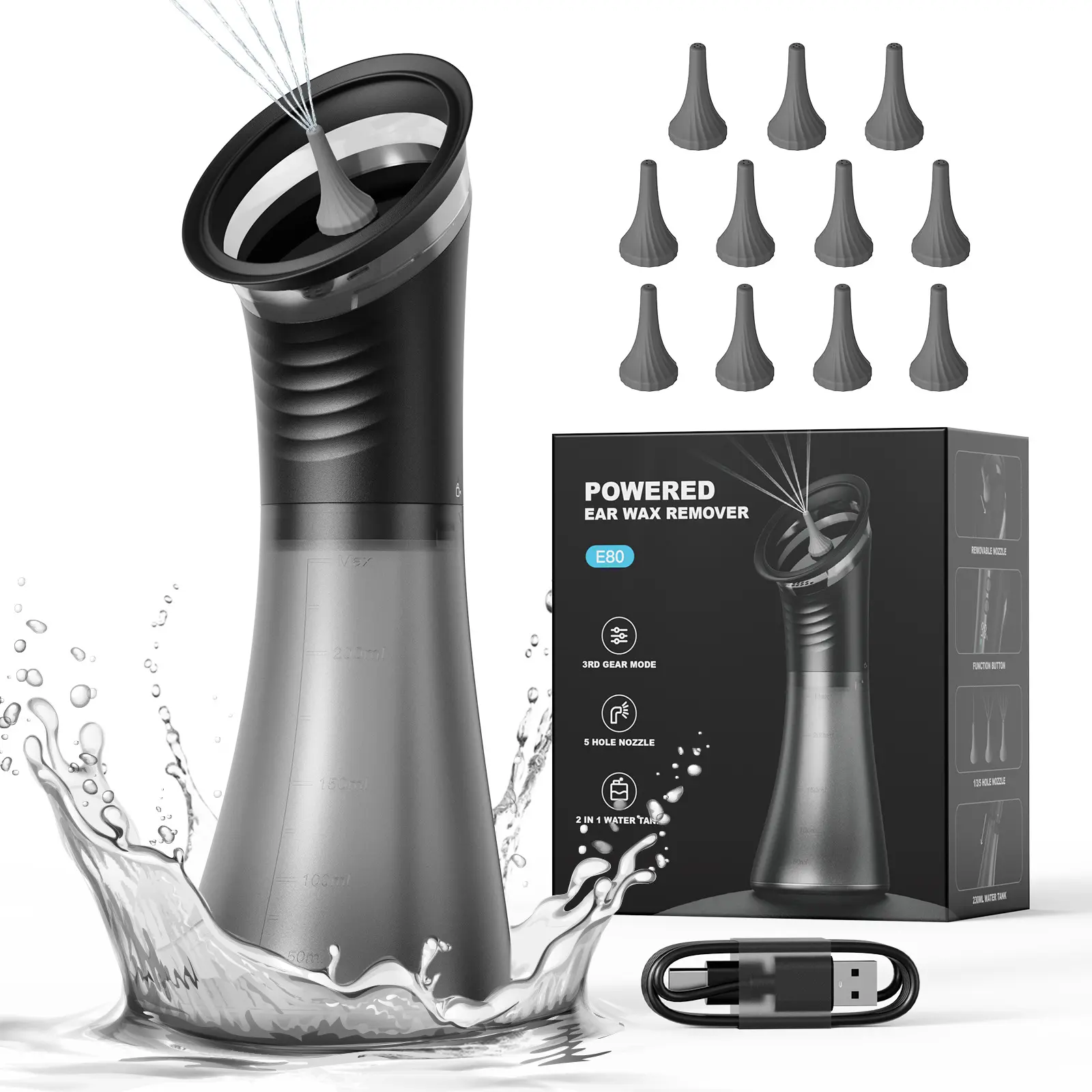 E80 Upgraded 2-in-1 Ear Wax Removal Kit - Built-in Waste Tank, Rechargeable Water Spray, 4 Pressure Settings, Safe Effective Ear Canal Irrigation System