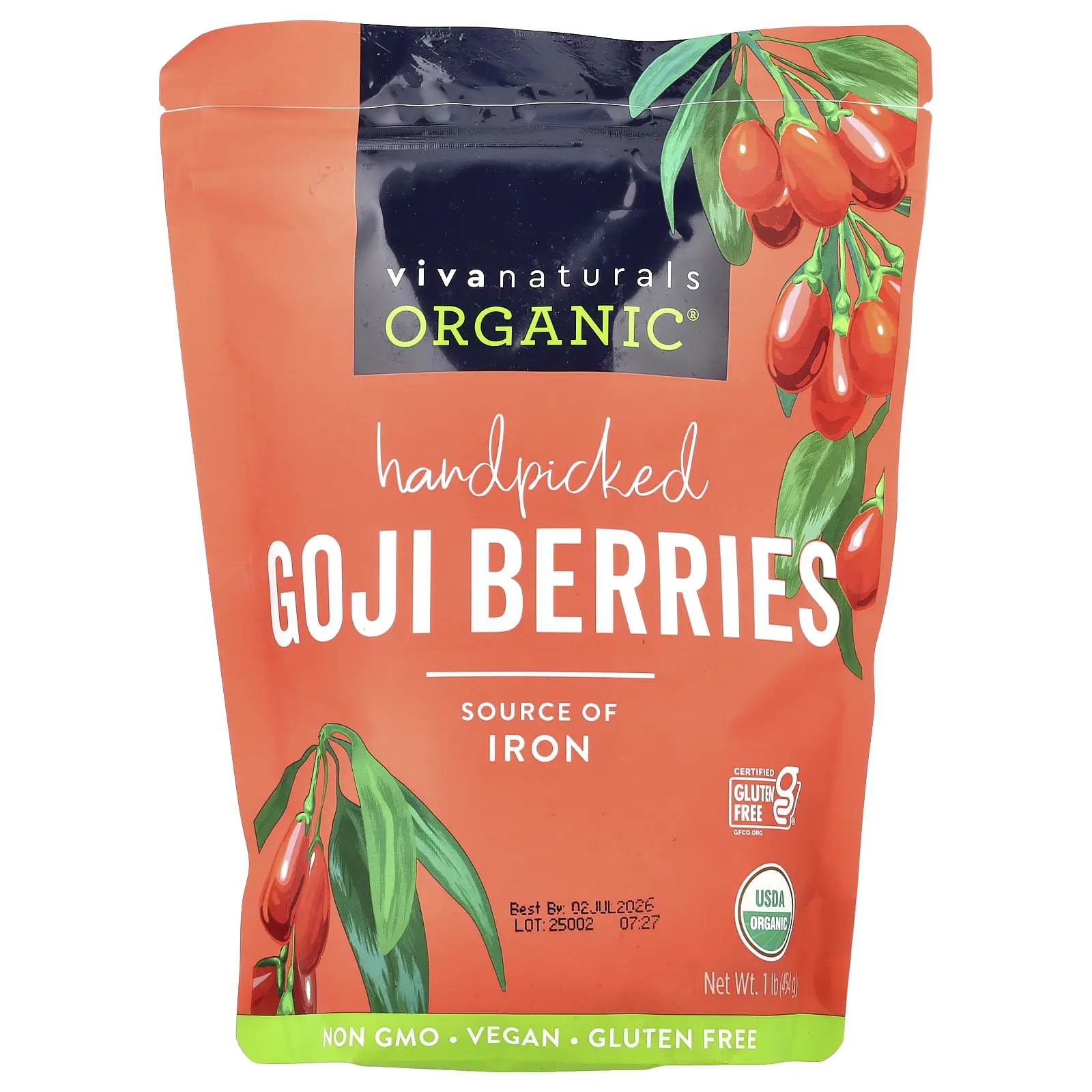 Viva Naturals Organic Handpicked Goji Berries, 1 lb (454 g)