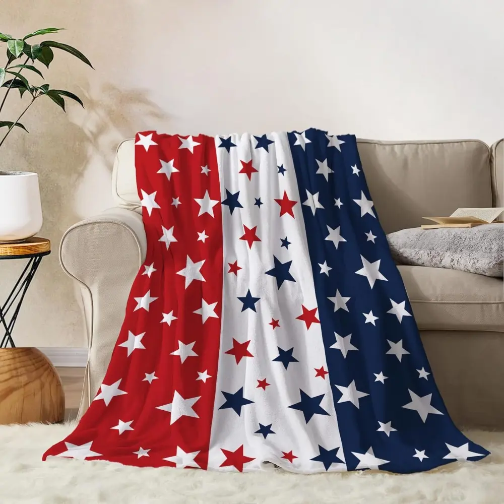 Patriotic Throw Blanket 4th of July Memorial Day Soft Fuzzy Flannel Blankets Stars and Stripes Red White Blue American Flag Veteran Blanket for Couch Bed