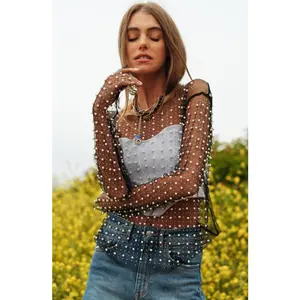 Pearl Mesh Top - Long Sleeve Blouse with Pearl Embellishments, Chic Style for Women