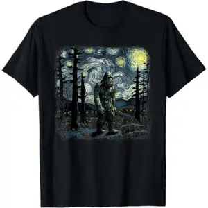 short sleeve shirt  Bigfoot Starry Night Sasquatch Van Gogh Sky Painting Art T-Shirt funny graphic tee