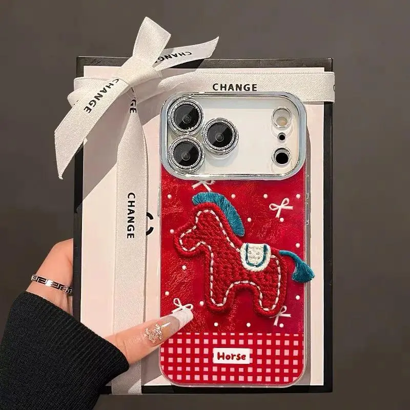 Embroidered Pony Silicone Phone Case with Fine-Hole Vortex, IND Red Background Grid Pattern, Shockproof Cover for iPhone 11 12 13 14 15 16 17 Pro Max, Accessories