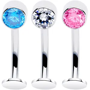 Bezel Gem Titanium Threadless Floating Navel Belly Ring 14 Gauge (1.6mm) with Color Gem Charm, Hypoallergenic, Curved Post, Flat Disc End