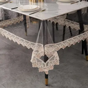 Clear Vinyl Tablecloth with Stitched Loral Lace Trim, 60 x 120 Waterproof Oilproof Table Cover with Embroidered Edge Tablecloths Protector