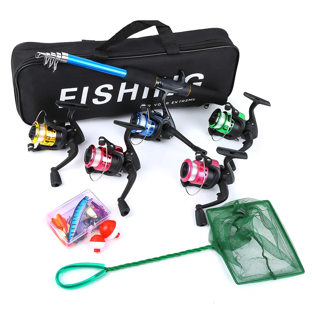 Fishing Rod Set with Closed Fishing Reel, Lure, Net, and Storage Bag, Freshwater Saltwater Beginner Full Equipment, Fishing Tackle, Fishing Rod Combo